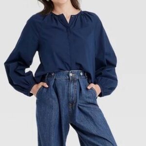 NWT Universal Thread Womens Navy Blue Cotton Long Balloon Sleeve Blouse Size M